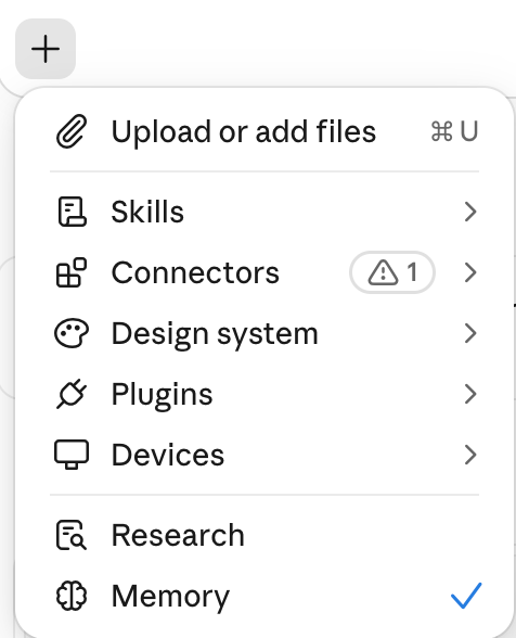The plus menu in a new Claude chat, with Memory at the bottom of the list and a check mark showing it is on
