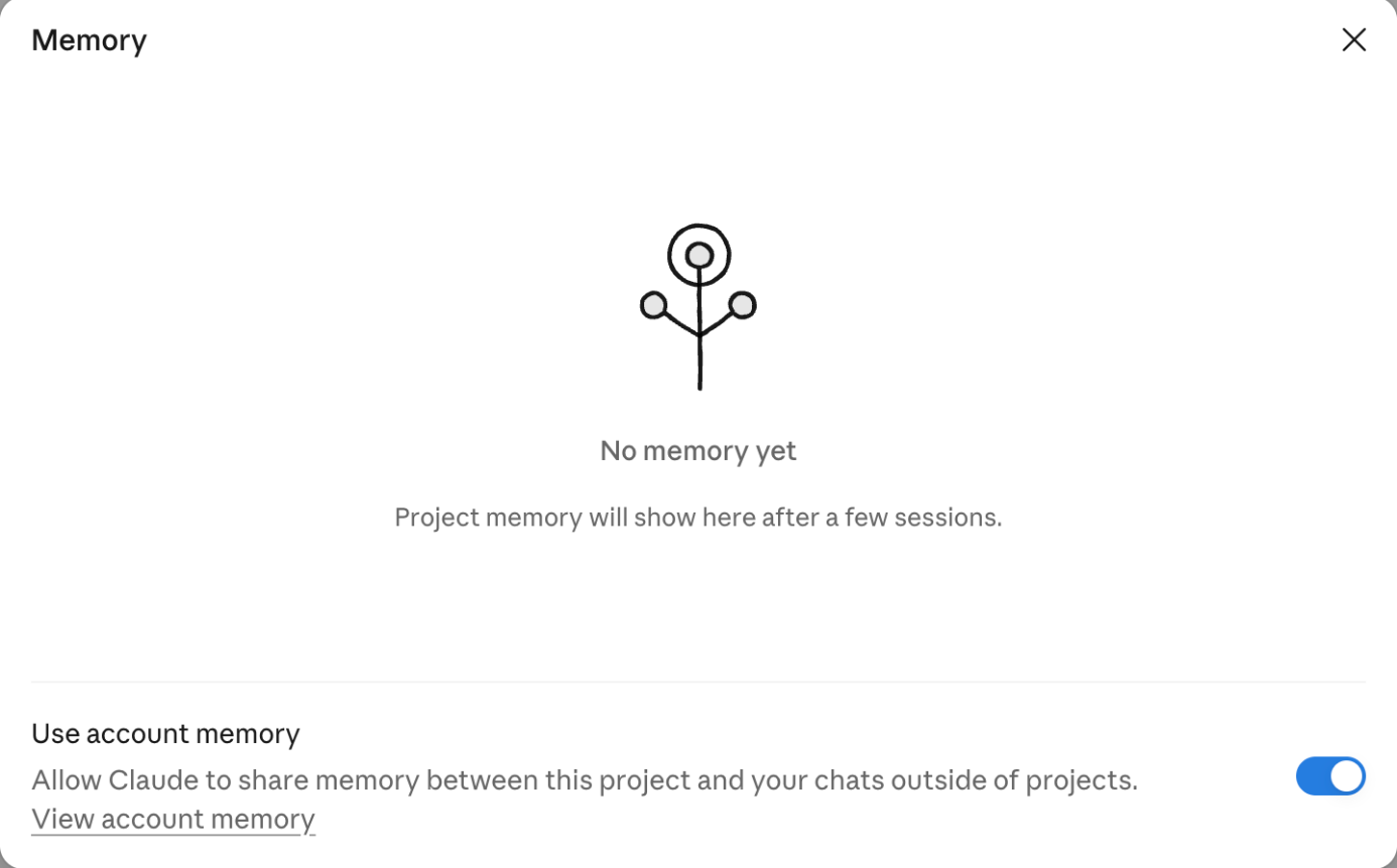 A Claude project's Memory panel with no memory yet and the Use account memory switch turned on