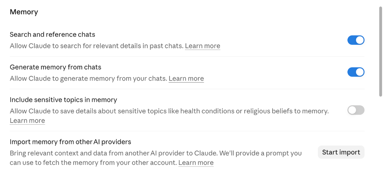 The Memory page in Claude settings, with switches for Search and reference chats, Generate memory from chats, and Include sensitive topics in memory, plus Import memory from other AI providers